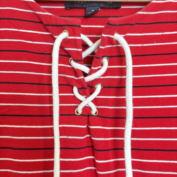 Y2K Tommy Hilfiger Red Striped Lace-Up Short Sleeve Shirt Dress Medium - Picture 3 of 9